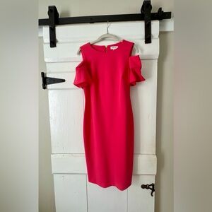 Calvin Klein Red/Pink Ruffled Cold Shoulder Sheath Dress.